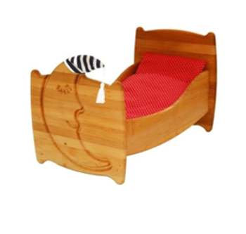 Puppenbetten: Holzbett mit Mond und Bettzeug